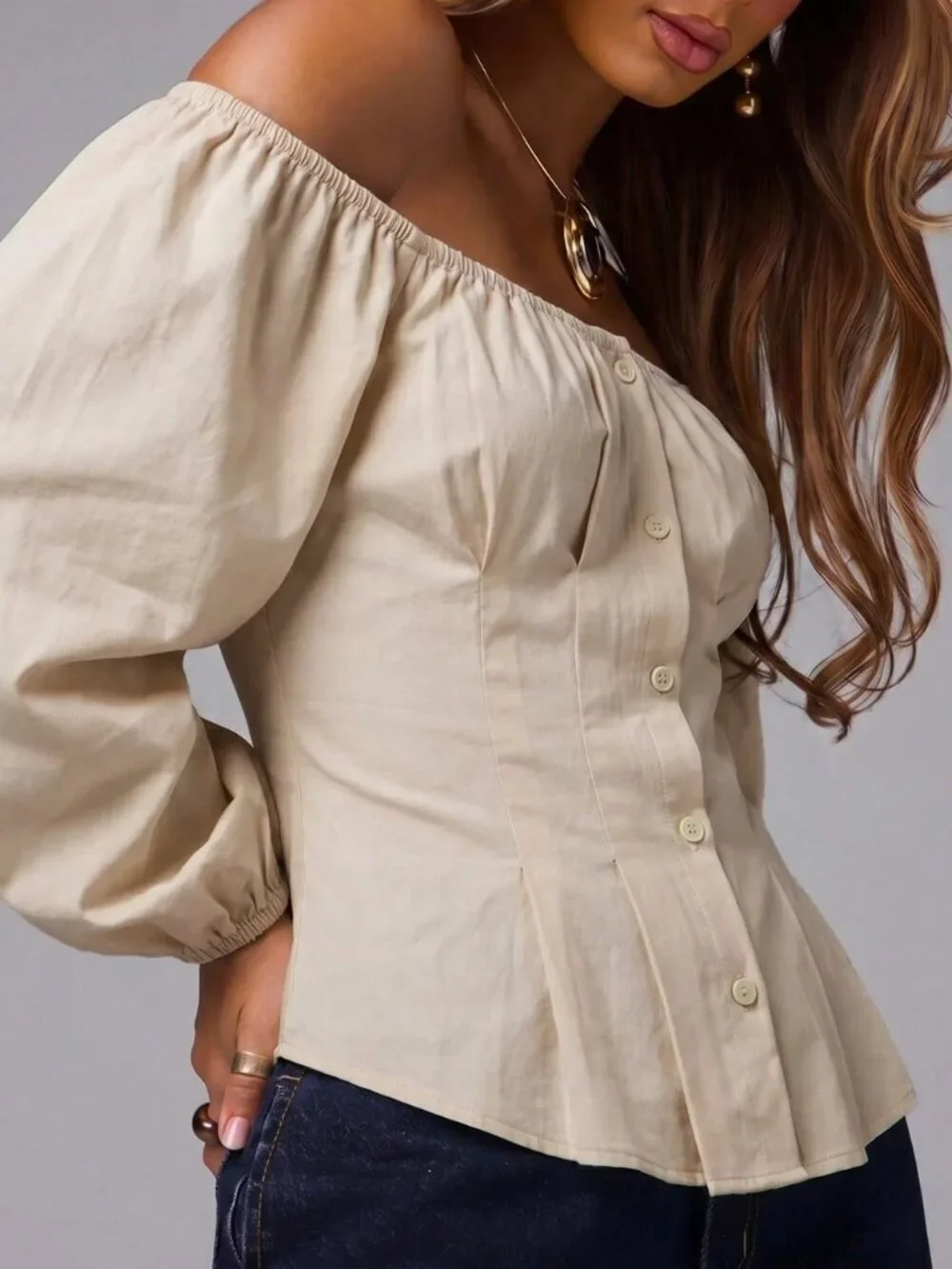 Apricot Elegant Pleated Off-Shoulder Women's Long Sleeve Balloon Top